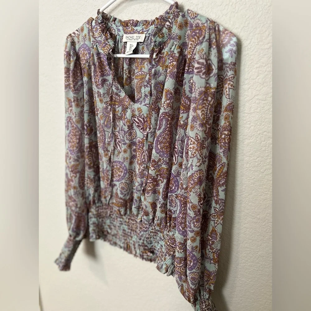 Rachel Zoe Paisley Boho Blouse Smocked Waist Long Sleeve Size Small - Picture 4 of 6